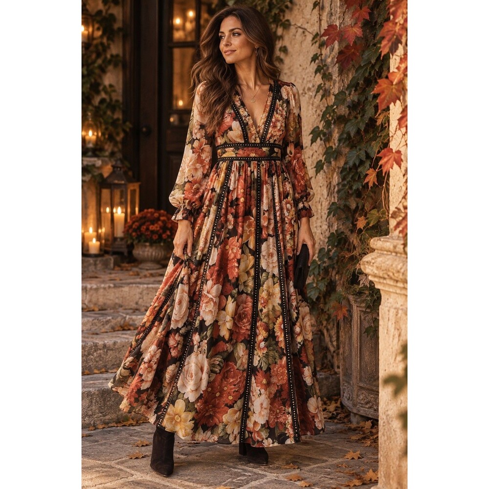 L'ATISTE NWT S Dark Floral Maxi Dress Long Sleeve Boho Romantic Fall Witchy